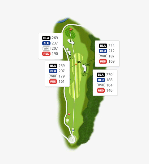 밸리 코스 hole 8 - 70(BLA:269 BLU:237 WHI:207 RED:190),102(BLA:239 BLU:207 WHI:179 RED:161),107(BLA:244 BLU:212 WHI:187 RED:169),131(BLA:220 BLU:188 WHI:164 RED:146)