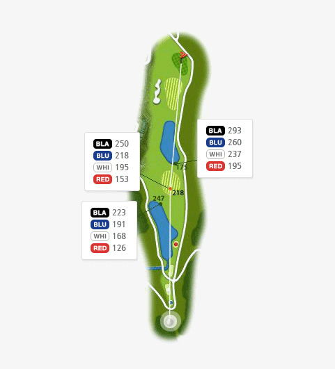 밸리 코스 hole 9 - 175(BLA:293 BLU:260 WHI:237 RED:195),218(BLA:250 BLU:218 WHI:195 RED:153),247(BLA:223 BLU:191 WHI:168 RED:126)