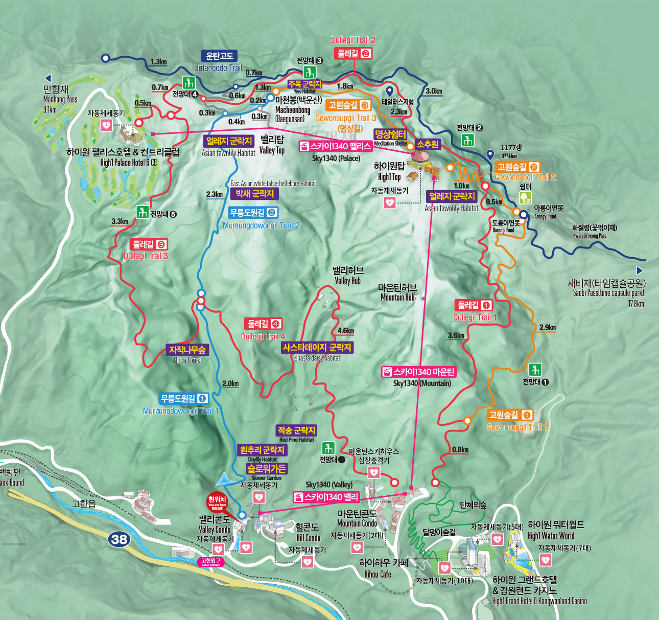 하늘길 트레킹 코스안내 -  둘레길  총 연장 17,1km - 1구간 4.4km, 2구간 4.9km, 3구간 3.3km, 4구간 4.6km / 고원숲길 총 연장 6.2km - 1구간 2.9km, 2구간 1.5km, 3구간 1.8km/ 운탄고도 총 연장 5.0km - 거리  5.0km / 무릉도원길 총 연장 6.2km - 1구간 2.0km, 2구간 2.9km